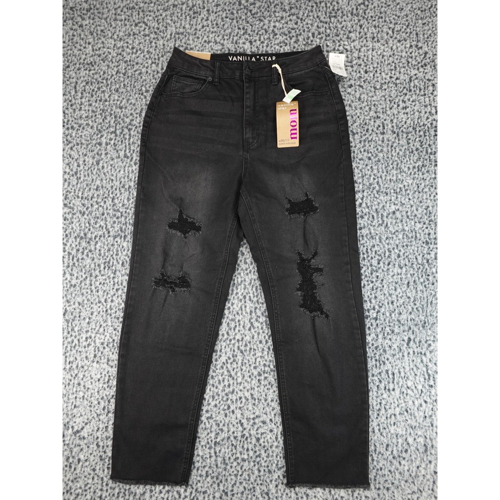 Vanilla Star Mom Jeans Womens 11 Black Distressed High Rise Tapered Leg